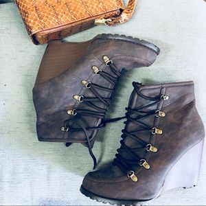 Peacocks Lace Up Brown Wedges